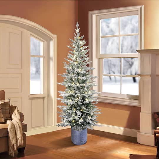 6ft. Pre-Lit Flocked Arctic Fir Pencil Artificial Christmas Tree, Warm White LED Lights